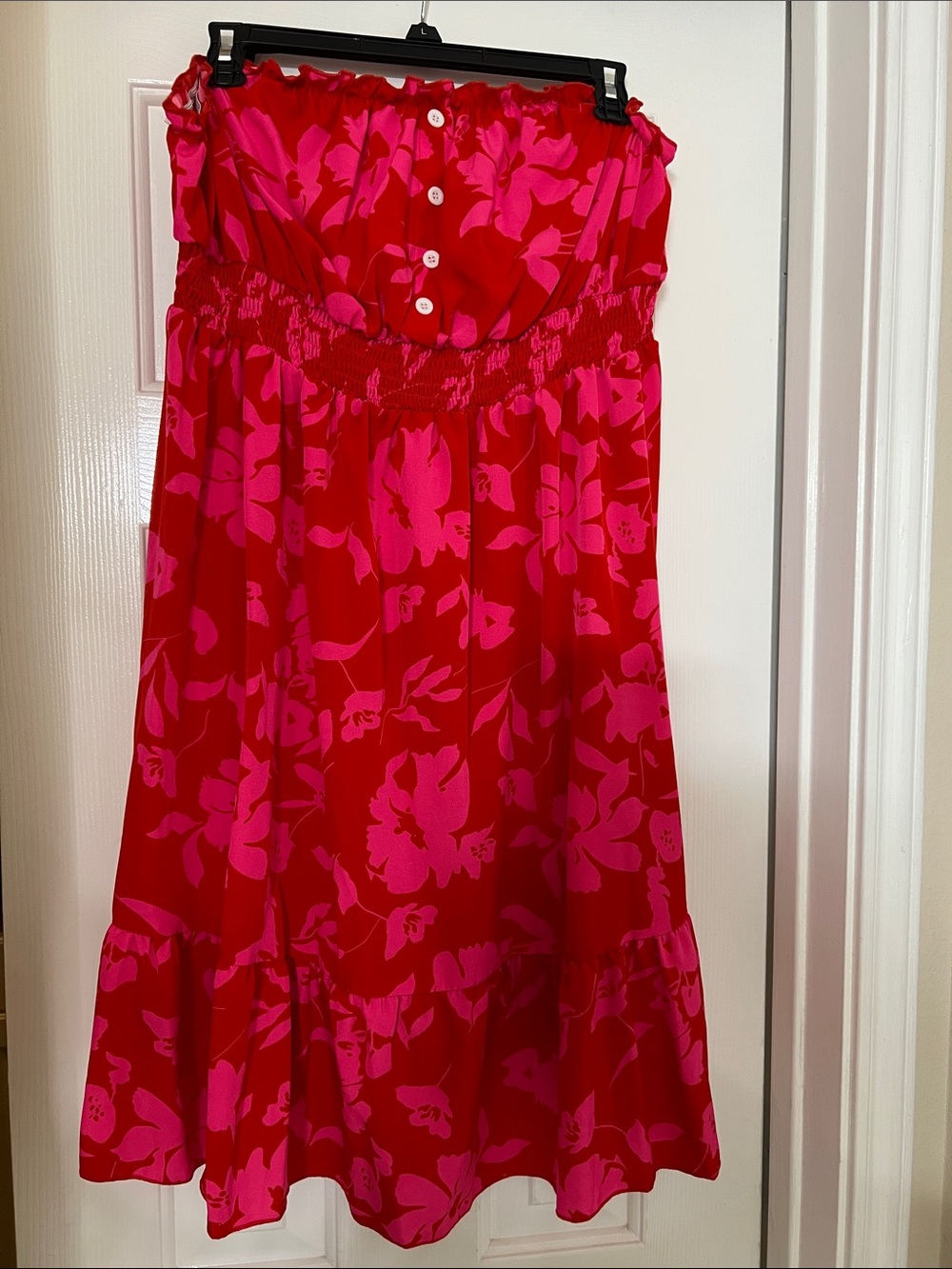 Women's Pink and Red Floral Strapless Dress